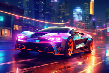 Fototapeta na wymiar An electric sports car surrounded by an illuminated late night city skyline the streets lit by colorful neon lights. .