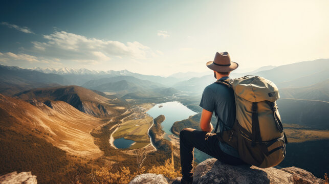 Man with a hat and backpack looking at the mountains and lake from the top of a mountain in the sunlight, with a view of the mountains