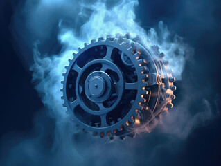 An animated gear wheel with vapors of blue smoke demonstrating the automation of overtheair updates. .