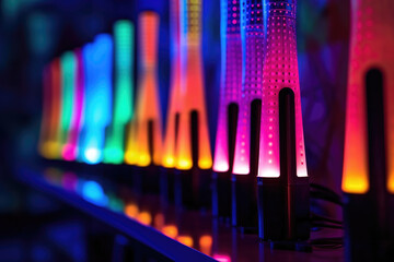 A series of colorful LED lights ling and changing in sync with the music playing in the background. . - obrazy, fototapety, plakaty