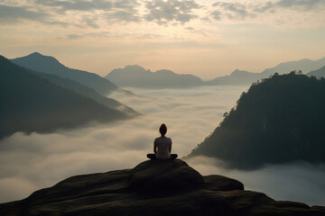 A person sitting in a yoga pose at the edge of a mountain peak surrounded by clouds and a foggy horizon finding stillness in the midst .