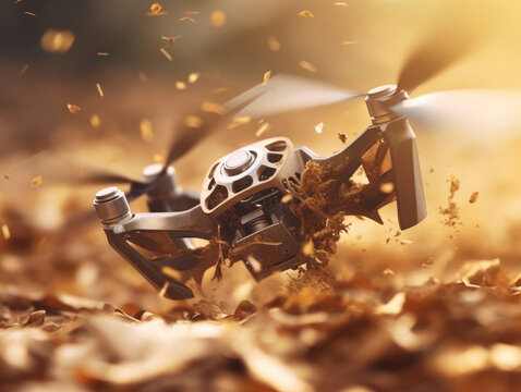 A closeup of a drones propellers spinning rapidly as it takes off with a flurry of dust and leaves. .