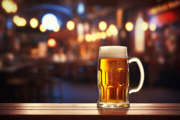 A classic beer mug filled with light beer stands on a wooden table on a blurred background. Copy space for text.