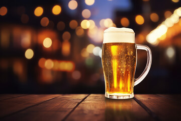 A classic beer mug filled with light beer stands on a wooden table on a blurred background. Copy space for text.