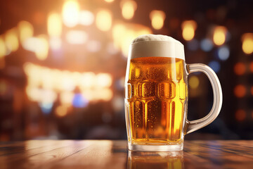 A classic beer mug filled with light beer with white foam stands on a wooden table on a blurred background. Copy space for text.