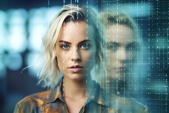 business businesswoman office meeting woman portrait digital technology code computer internet information cyber binary security communication generative ai - Powered by Adobe