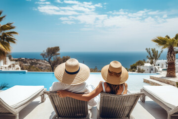 Fototapeta na wymiar Couple is vacationing on a Greek island. A man and a woman in straw hats admire the sea.