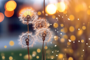 A bokeh shot of dandelion seeds blowing in the wind. White dandelion with water drops. Dandelion flowers at sunset. Realistic 3D illustration. Generative AI