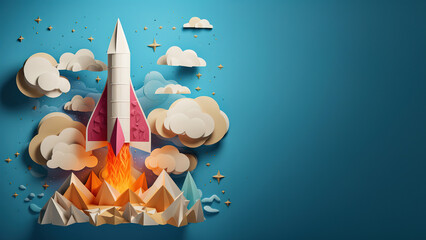Rocket launching into sky in quiling paper style. Concept of startup business taking off.