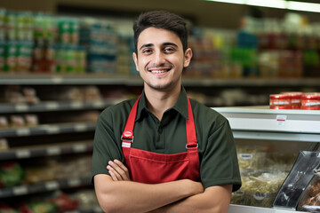 Smiling young male supermarket worker looking at the camera.