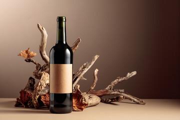 Bottle of red wine with a composition of old wood.
