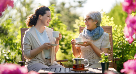 women drinking tea in the garden