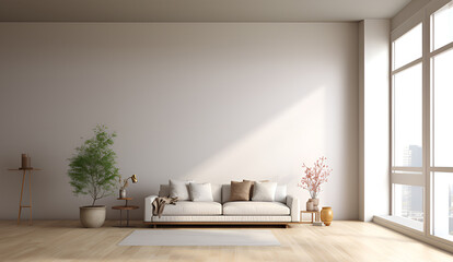 Fototapeta na wymiar Wooden sofa wall in living room interior, modern design, mock up furniture decorative interior. AI Generative.