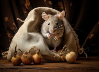 closeup the vole mouse nibbles the sack of grain in the storehouse Created with Generative AI technology.