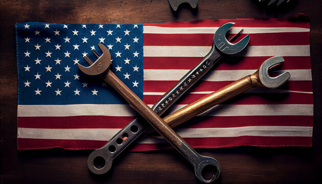 USA Labor day concept, Top view flat lay of different kinds wrenches with American flag on wood table. First Monday in September, creation of labor movement and American worker, AI generated image