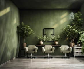 Green beauty salon with armchairs in row and mirror panor. AI Generative.