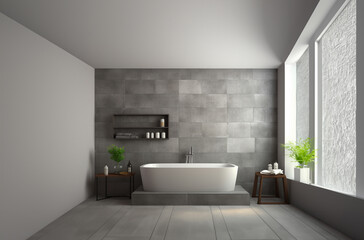 Fototapeta na wymiar Gray tile bathroom interior with tub and double sink on empty space for text. AI Generative.