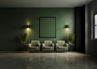 Green beauty salon with armchairs in row and mirror panor. AI Generative.