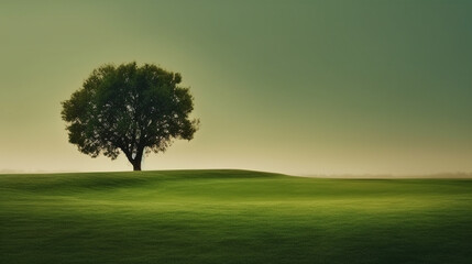 Fototapeta premium Green meadow and alone green tree. AI Generative.