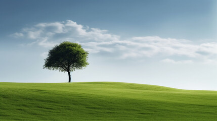 Fototapeta na wymiar Green meadow and alone green tree. AI Generative.