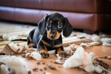 The dachshund puppy tore the pillow, the sofa and sits among the mess. - obrazy, fototapety, plakaty