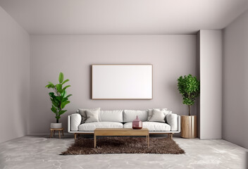 White living room interior photo with sofa dressing table vase on wooden floor and posters on large walls.Generative AI.