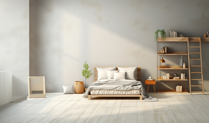A simple and inviting loft bedroom model. AI