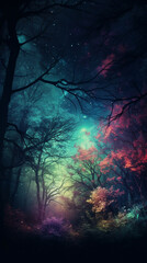Fototapeta premium Enchanted dark forest multicolored space for text. AI Generative.