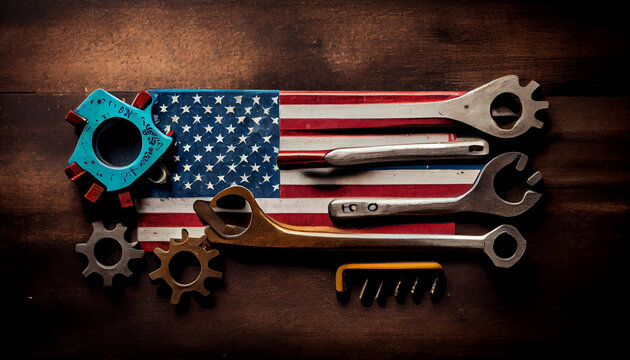 USA Labor day concept, Top view flat lay of different kinds wrenches with American flag on wood table. First Monday in September, creation of labor movement and American worker, AI generated image