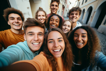 A group of friends takes a selfie, wide angle view.