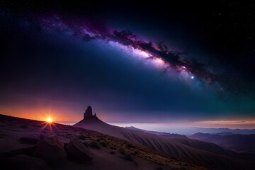 Milky Way arch. Fantastic night landscape with bright arched milky way, purple sky with stars, pink light and hills.