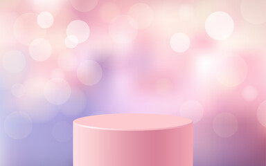 product podium display 3d pastel pink color Empty Cylinder circle and bokeh in purple color background 