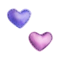 Hearts sewn from fabric in pink and blue. Watercolor illustration, hand drawn. Set of isolated elements on a white background.