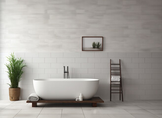 Fototapeta na wymiar Gray tile bathroom interior with tub and double sink on empty space for text. AI Generative.