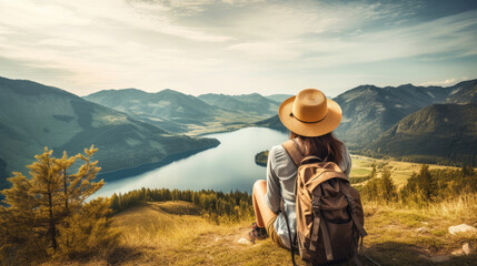 Fototapeta na wymiar Woman with a hat and backpack looking at the mountains and lake from the top of a mountain in the sunlight, with a view of the mountains