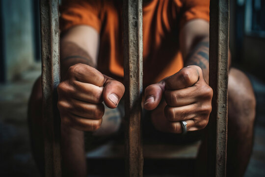 Man behind prison bars. Men's hands rest on the bars of a prison or prison cell. Conclusion concept. Crime and Punishment. Close-up. Repression. Justice.