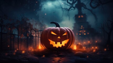 A mystical and scary pumpkin for Halloween. Festive background.