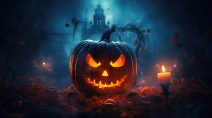 A mystical and scary pumpkin for Halloween. Festive background.