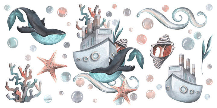 Steamboat with pipes, whale, coral, wave, algae, bubbles and starfish. Watercolor illustration, hand drawn. Marine set of isolated elements on a white background
