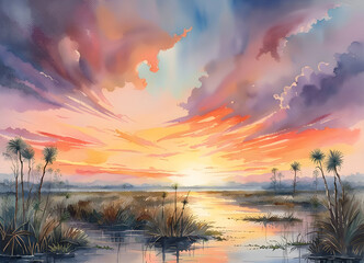 Watercolor painting of the everglades at Dawn: - obrazy, fototapety, plakaty