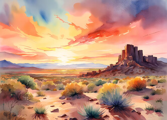 Watercolor painting of New Mexico desert at sunset