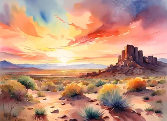 Fotobehang Watercolor painting of New Mexico desert at sunset © Wolfborn Indiearts