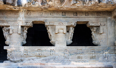 Rich decorated Rameshwara cave, cave 21 in Ellora, Maharashtra, India, Asia