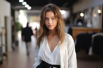 Portrait woman on market store background with Ai Generative.