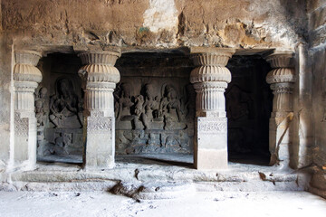 Fototapeta premium Rich decorated Rameshwara cave, cave 21 in Ellora, Maharashtra, India, Asia
