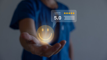  Hand businessman show happy smile relax face, good feedback rating, think positive, customer review, assessment, satisfaction, world mental health day, Calm mood, good mental health, good mood.