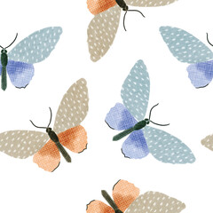 Cute creamy butterflies seamless pattern. Naive style butterfly wallpaper. Vintage hand drawn insects.  Vector illustration