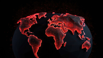 3d World map network connection red glowing polygonal triangle neon lines on dark black background. World connection futuristic concept, website landing page template design. Generative 