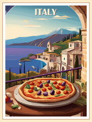 Italy Travel Destination Poster in retro style with pizza and mediterranean landscape on the background. Europian summer vacation, international holidays concept. Vintage vector colorful illustration. - obrazy, fototapety, plakaty