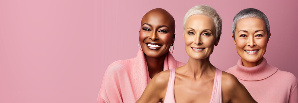 Three Diverse Breast Cancer Survivor Woman on a Pink Banner For Breast Cancer Awareness Month